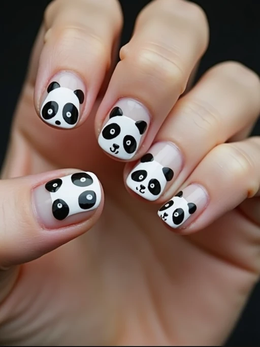 nails with cute panda bear designs, black and white with bamboo accents, playful hand pose, macro photography focus