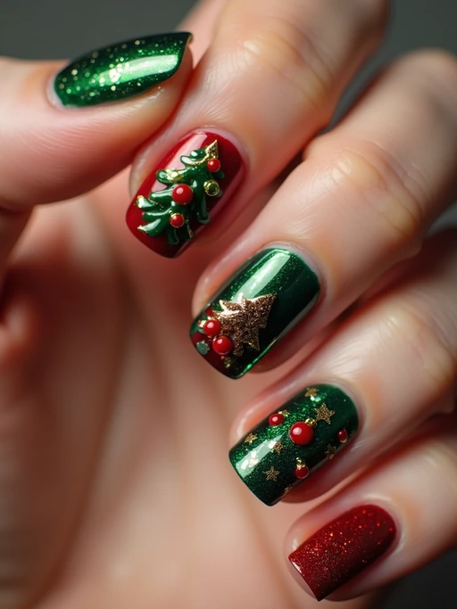 Christmas tree themed nails with tiny ornaments and glitter, festive red and green colors, elegant hand pose, holiday-inspired nail art