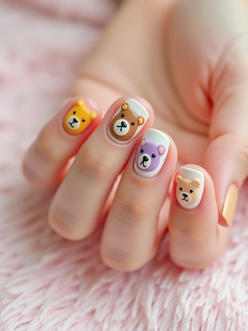 nails with adorable 3D teddy bear art, each nail featuring a different colored bear, soft pastel background, close-up detail shot
