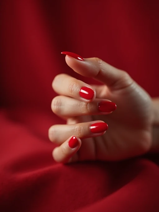 red velvet almond-shaped nails, beauty studio setting, rich red tones, soft bokeh background, posed fingers showcasing nail curve