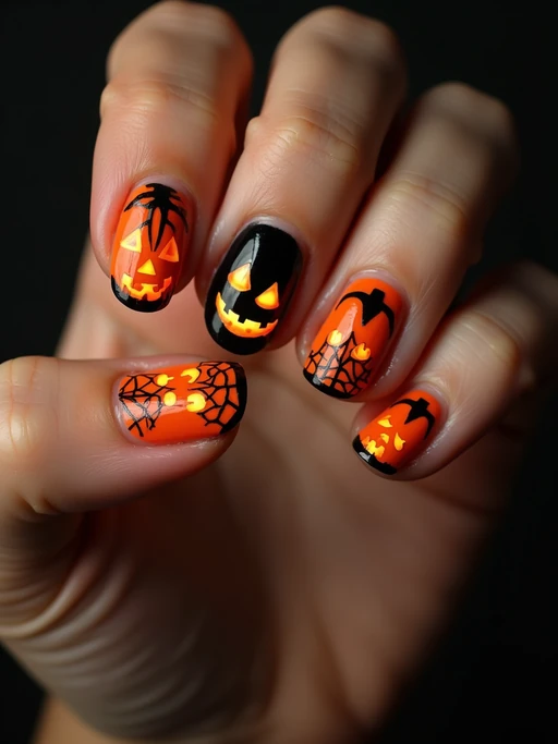 Halloween themed nails with jack-o-lanterns and spider webs, orange and black color scheme, dramatic studio lighting, artistic styling