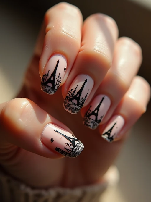 nails featuring miniature Eiffel Tower design, Parisian cityscape art, romantic lighting, posed fingers showcasing intricate details