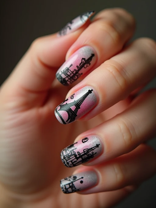 nails featuring miniature Eiffel Tower design, Parisian cityscape art, romantic lighting, posed fingers showcasing intricate details