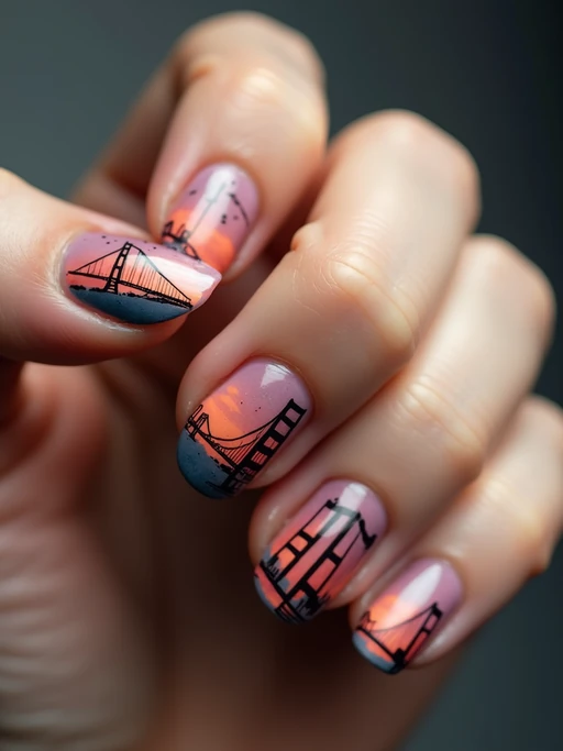 nails with detailed Golden Gate Bridge design, San Francisco skyline at sunset, clean softbox lighting, posed fingers with high gloss