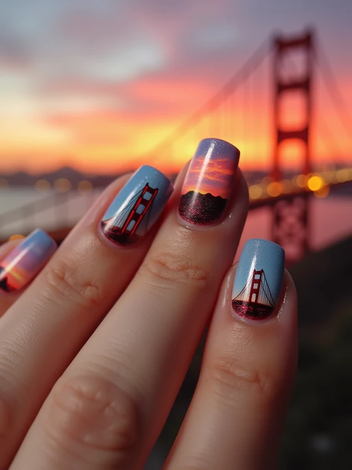 nails with detailed Golden Gate Bridge design, San Francisco skyline at sunset, clean softbox lighting, posed fingers with high gloss
