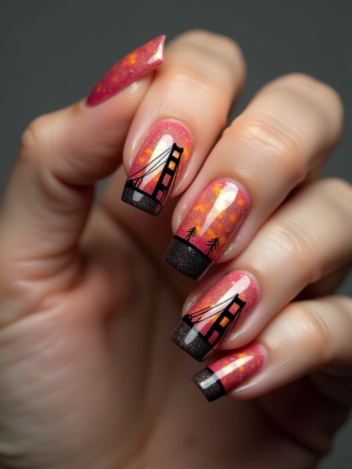 nails with detailed Golden Gate Bridge design, San Francisco skyline at sunset, clean softbox lighting, posed fingers with high gloss