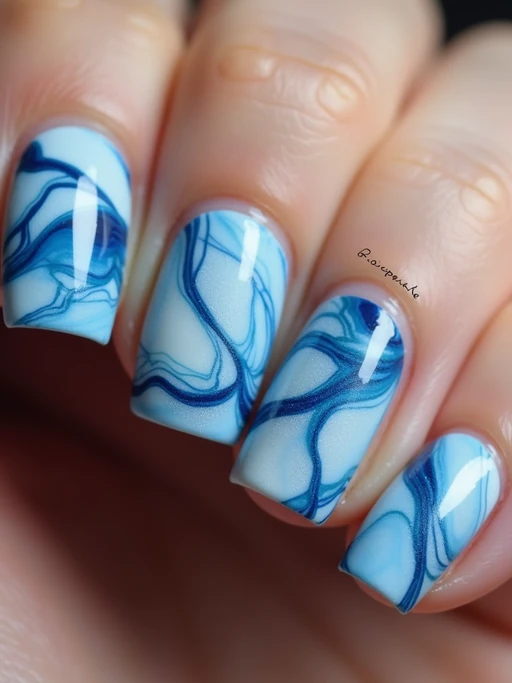 marble effect nails in blue and white, luxury nail spa vibe, macro shot, detailed swirling texture, artistic styling