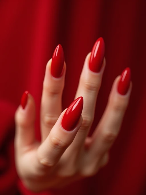 red velvet almond-shaped nails, beauty studio setting, rich red tones, soft bokeh background, posed fingers showcasing nail curve