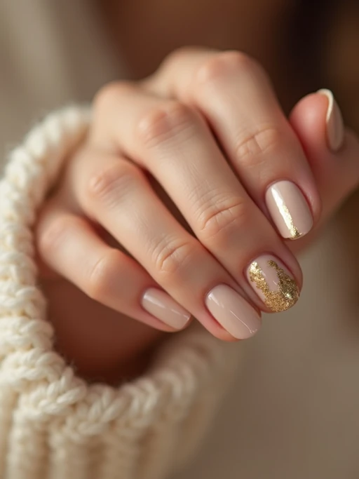 nude base nails with gold foil accents, macro shot, soft focus background, elegant hand pose, editorial-quality beauty photography, luxury vibe