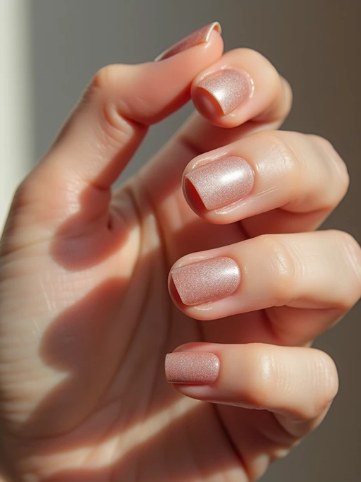 studio shot of chrome glazed donut nails with glossy reflections, hand posed elegantly, modern beauty lighting, high-shine texture visible, magazine-style presentation