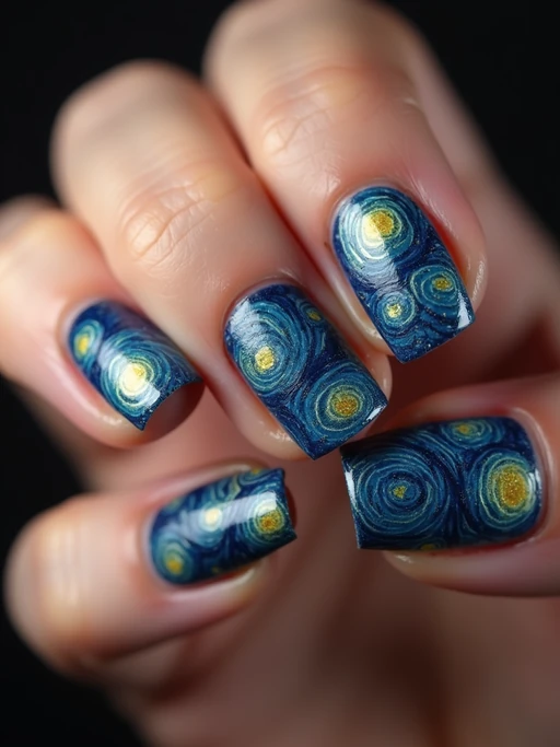 nails with starry night sky design inspired by Van Gogh, swirling blue and yellow patterns, clean softbox lighting, posed fingers with high gloss