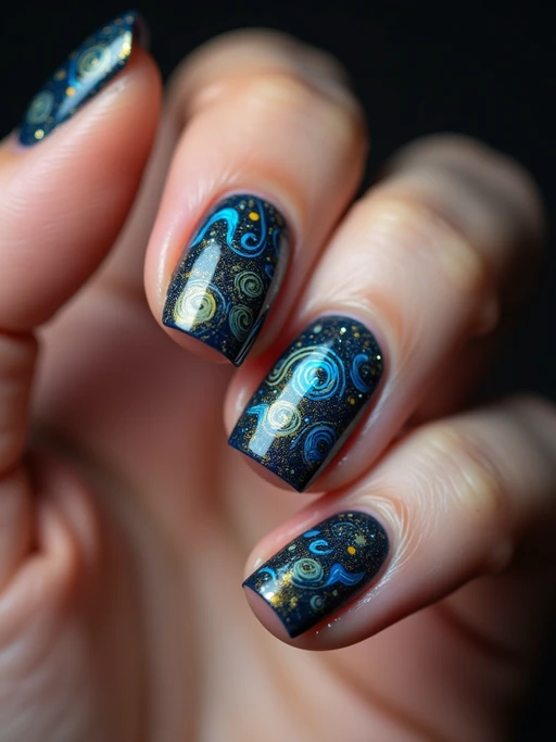 nails with starry night sky design inspired by Van Gogh, swirling blue and yellow patterns, clean softbox lighting, posed fingers with high gloss