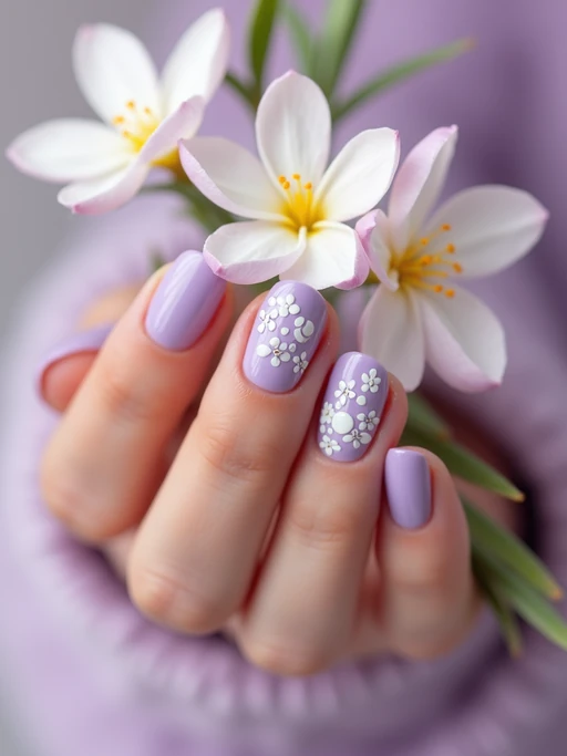 lavender nails with white floral nail art, spring-themed background, soft natural light, close-up of fingers holding a flower, Instagram-ready shot