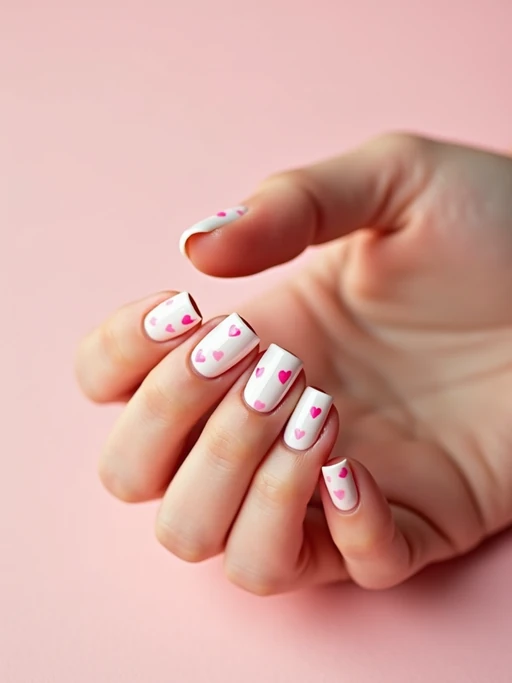 milky white nails with tiny pink hearts, romantic aesthetic, pastel background, cute styling, feminine hand pose, social media-friendly lighting