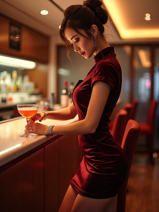 model as a flight attendant at onboard bar area, wearing if(gender=f){a seductive flight attendant uniform with smoky eye makeup, sheer stockings and thigh-high skirt} if(gender=m){a commanding presence in a sophisticated flight attendant uniform with tie and strong jawline}, preparing specialty cocktails for passengers