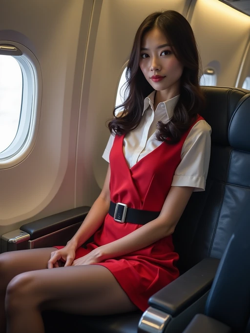 model as a flight attendant in jumpseat, wearing if(gender=f){a tight flight attendant uniform with seatbelt, sheer pantyhose and short skirt} if(gender=m){a commanding presence in a standard flight attendant uniform with seatbelt and muscular frame}, preparing for landing
