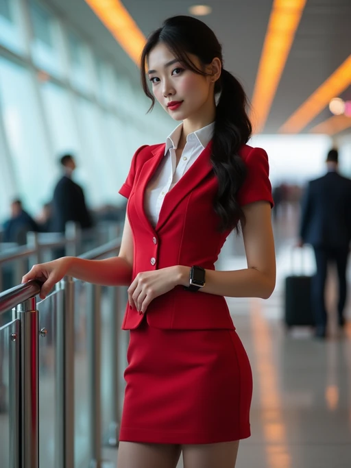 model as a flight attendant at boarding gate, wearing if(gender=f){a seductive flight attendant uniform with perfect hair, sheer pantyhose and mini skirt} if(gender=m){a commanding presence in a professional flight attendant uniform with groomed appearance and strong jawline}, checking boarding passes