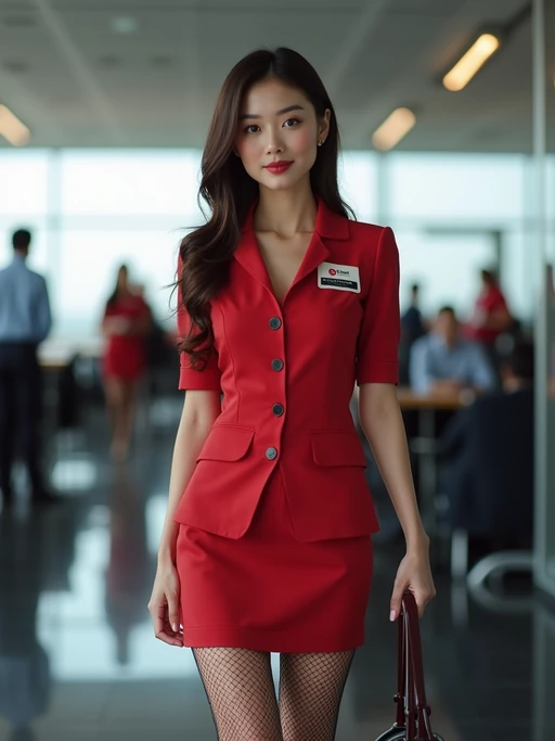 model as a flight attendant at airport briefing room, wearing if(gender=f){a body-hugging flight attendant uniform with name badge, fishnet stockings and short skirt} if(gender=m){an imposing figure in a sharp flight attendant uniform with name tag and muscular frame}, preparing for flight with colleagues