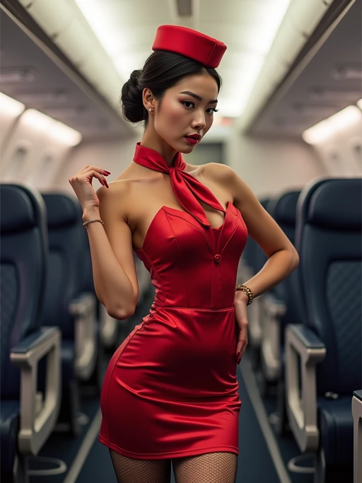 model as a flight attendant demonstrating safety procedures, wearing if(gender=f){a sultry flight attendant uniform with low-cut top, silk scarf, fishnet stockings and short skirt} if(gender=m){an authoritative presence in a professional flight attendant uniform with tie and muscular build}, standing in the aisle with oxygen mask