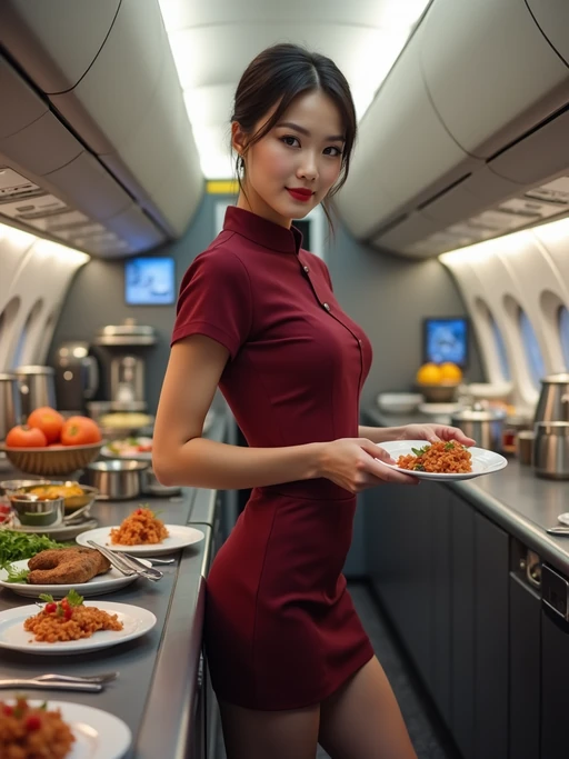 model as a flight attendant in the galley of a modern aircraft, wearing if(gender=f){a tight flight attendant uniform with smoky eye makeup, sheer stockings and mini skirt} if(gender=m){a powerful stance in a well-fitted flight attendant uniform with tie and strong jawline}, preparing meal service