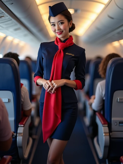 model as a flight attendant in the airplane cabin, wearing if(gender=f){a form-fitting navy blue flight attendant uniform, red silk scarf, sheer pantyhose, short skirt and stiletto heels} if(gender=m){a muscular frame in a tailored navy blue flight attendant uniform with broad shoulders and strong arms}, seductive smile while serving passengers
