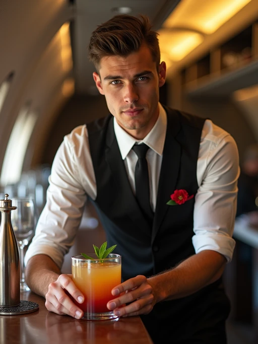 model as a flight attendant at onboard bar area, wearing if(gender=f){a seductive flight attendant uniform with smoky eye makeup, sheer stockings and thigh-high skirt} if(gender=m){a commanding presence in a sophisticated flight attendant uniform with tie and strong jawline}, preparing specialty cocktails for passengers