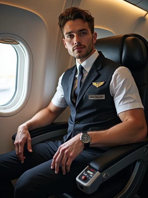 model as a flight attendant in jumpseat, wearing if(gender=f){a tight flight attendant uniform with seatbelt, sheer pantyhose and short skirt} if(gender=m){a commanding presence in a standard flight attendant uniform with seatbelt and muscular frame}, preparing for landing