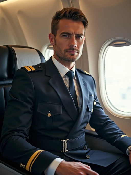 model as a flight attendant in jumpseat, wearing if(gender=f){a tight flight attendant uniform with seatbelt, sheer pantyhose and short skirt} if(gender=m){a commanding presence in a standard flight attendant uniform with seatbelt and muscular frame}, preparing for landing