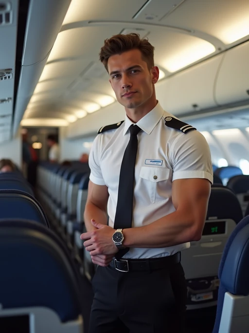 model as a flight attendant in economy cabin, wearing if(gender=f){a figure-flattering flight attendant uniform with neck scarf, fishnet stockings and short skirt} if(gender=m){a dominant presence in a neat flight attendant uniform with tie and muscular build}, demonstrating emergency exit procedures