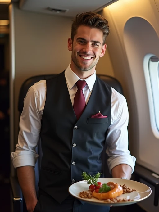 model as a flight attendant in business class, wearing if(gender=f){a provocative flight attendant uniform with silk scarf, lace stockings and thigh-high skirt} if(gender=m){a powerful presence in a premium flight attendant uniform with vest and broad chest}, serving gourmet meals on long-haul flight