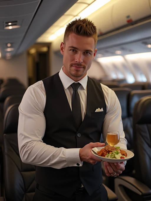 model as a flight attendant in business class, wearing if(gender=f){a provocative flight attendant uniform with silk scarf, lace stockings and thigh-high skirt} if(gender=m){a powerful presence in a premium flight attendant uniform with vest and broad chest}, serving gourmet meals on long-haul flight