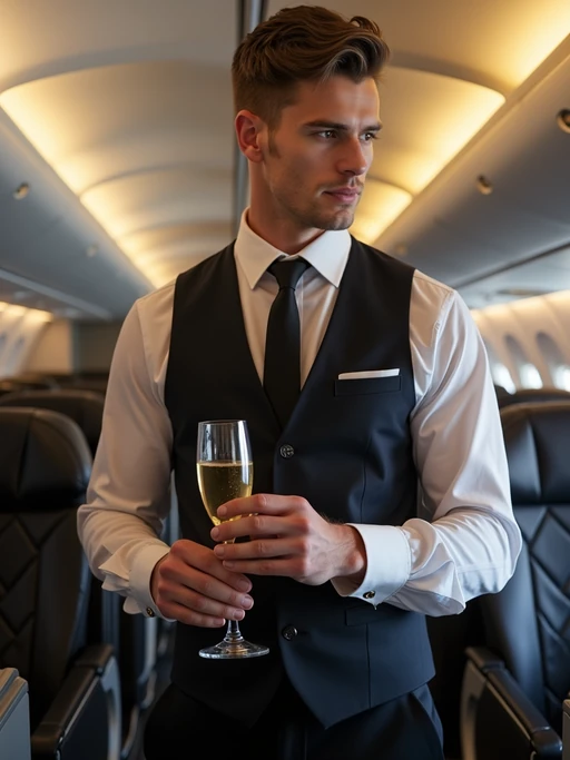 model as a flight attendant in first class cabin, wearing if(gender=f){a revealing premium flight attendant uniform, silk scarf, lace stockings and thigh-high skirt} if(gender=m){a dominant presence in a premium flight attendant uniform with vest and tie, broad shoulders}, serving champagne to passengers