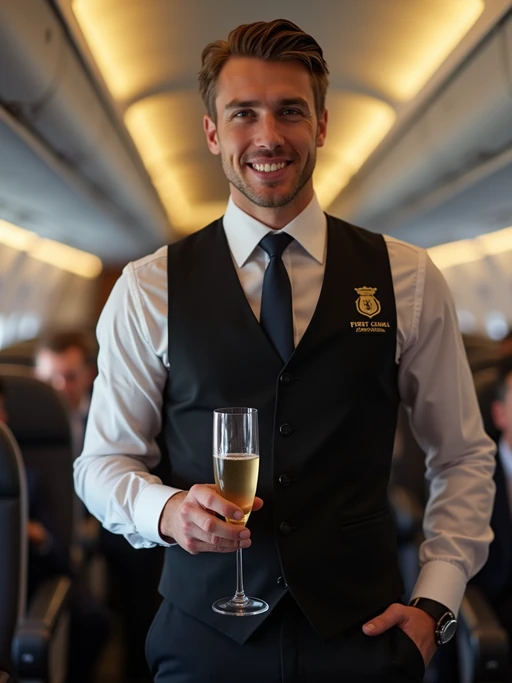 model as a flight attendant in first class cabin, wearing if(gender=f){a revealing premium flight attendant uniform, silk scarf, lace stockings and thigh-high skirt} if(gender=m){a dominant presence in a premium flight attendant uniform with vest and tie, broad shoulders}, serving champagne to passengers