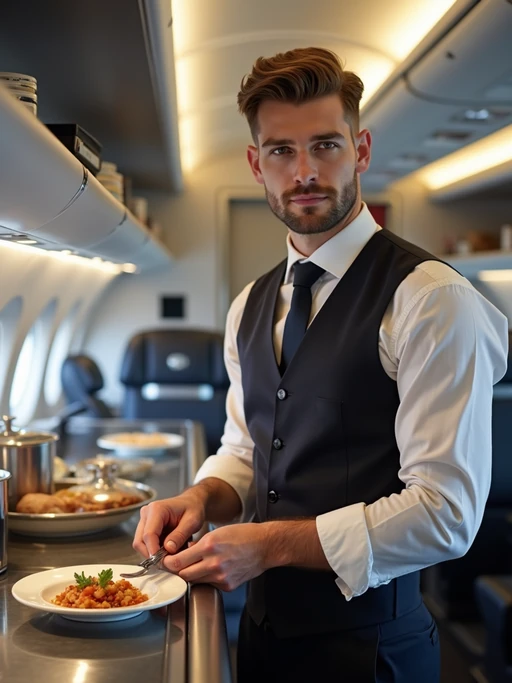 model as a flight attendant in the galley of a modern aircraft, wearing if(gender=f){a tight flight attendant uniform with smoky eye makeup, sheer stockings and mini skirt} if(gender=m){a powerful stance in a well-fitted flight attendant uniform with tie and strong jawline}, preparing meal service