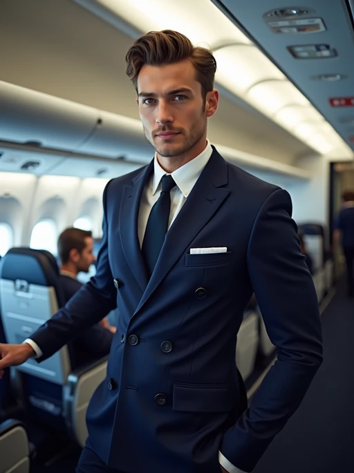 model as a flight attendant in the airplane cabin, wearing if(gender=f){a form-fitting navy blue flight attendant uniform, red silk scarf, sheer pantyhose, short skirt and stiletto heels} if(gender=m){a muscular frame in a tailored navy blue flight attendant uniform with broad shoulders and strong arms}, seductive smile while serving passengers