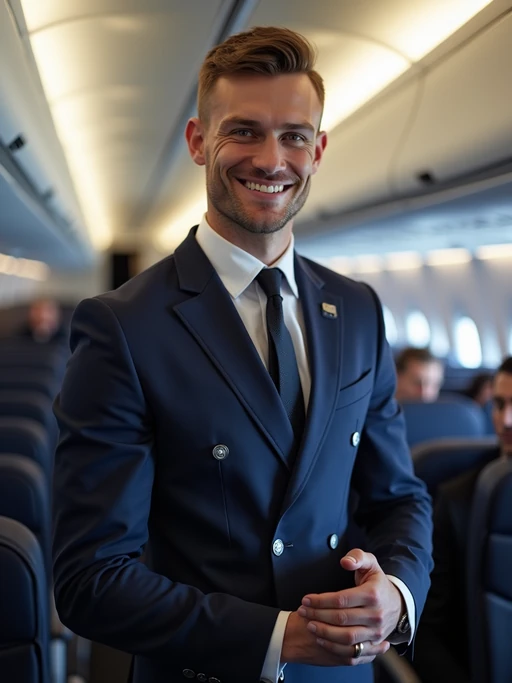model as a flight attendant in the airplane cabin, wearing if(gender=f){a form-fitting navy blue flight attendant uniform, red silk scarf, sheer pantyhose, short skirt and stiletto heels} if(gender=m){a muscular frame in a tailored navy blue flight attendant uniform with broad shoulders and strong arms}, seductive smile while serving passengers