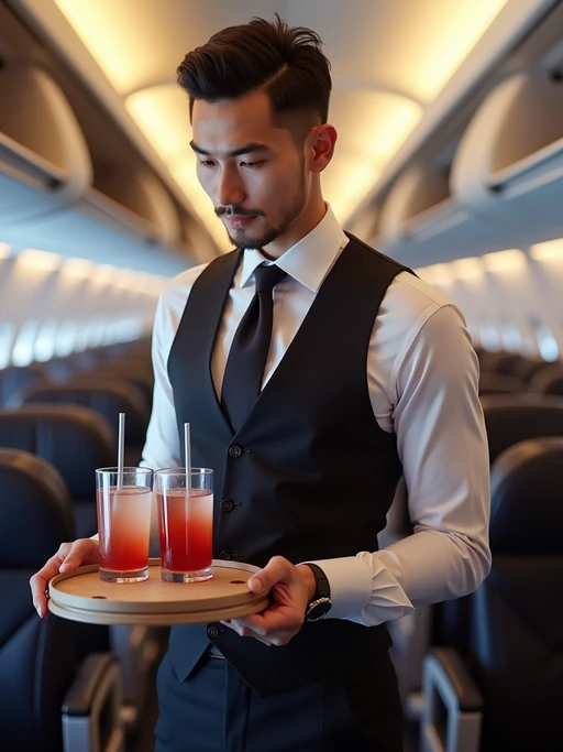 model as a flight attendant in premium economy section, wearing if(gender=f){a body-hugging flight attendant uniform with scarf, lace stockings and thigh-high skirt} if(gender=m){a dominant presence in a tailored flight attendant uniform with tie and broad chest}, serving refreshments from trolley