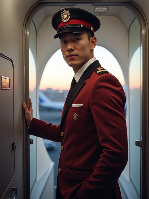 model as a flight attendant in aircraft doorway, wearing if(gender=f){a sexy flight attendant uniform with hat, sheer stockings and thigh-high skirt} if(gender=m){an authoritative presence in a professional flight attendant uniform with cap and broad shoulders}, greeting passengers during boarding