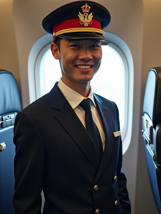 model as a flight attendant in aircraft doorway, wearing if(gender=f){a sexy flight attendant uniform with hat, sheer stockings and thigh-high skirt} if(gender=m){an authoritative presence in a professional flight attendant uniform with cap and broad shoulders}, greeting passengers during boarding