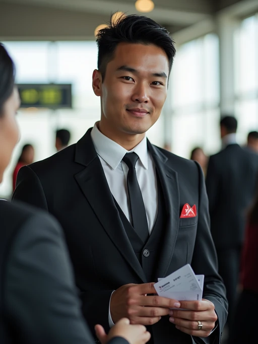model as a flight attendant at boarding gate, wearing if(gender=f){a seductive flight attendant uniform with perfect hair, sheer pantyhose and mini skirt} if(gender=m){a commanding presence in a professional flight attendant uniform with groomed appearance and strong jawline}, checking boarding passes