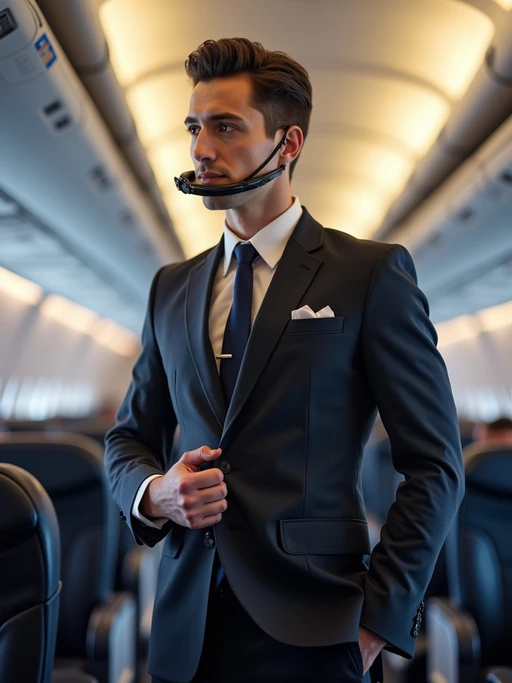 model as a flight attendant demonstrating safety procedures, wearing if(gender=f){a sultry flight attendant uniform with low-cut top, silk scarf, fishnet stockings and short skirt} if(gender=m){an authoritative presence in a professional flight attendant uniform with tie and muscular build}, standing in the aisle with oxygen mask