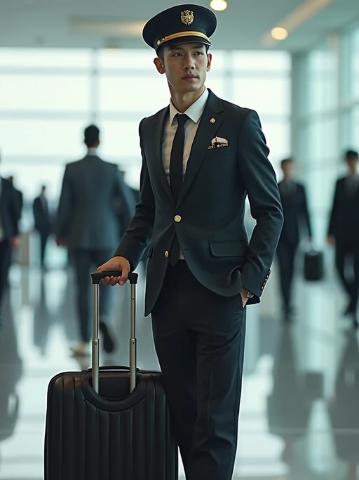 model as a flight attendant at airport terminal, wearing if(gender=f){a figure-hugging flight attendant uniform with hat, leather gloves, fishnet stockings and thigh-high skirt} if(gender=m){a commanding presence in a sharp flight attendant uniform with cap and broad chest}, confidently pulling cabin luggage through international terminal