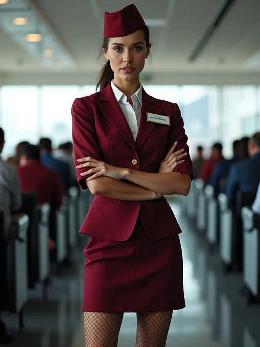 model as a flight attendant at airport briefing room, wearing if(gender=f){a body-hugging flight attendant uniform with name badge, fishnet stockings and short skirt} if(gender=m){an imposing figure in a sharp flight attendant uniform with name tag and muscular frame}, preparing for flight with colleagues