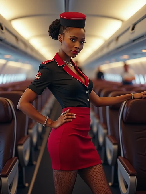 model as a flight attendant in aircraft aisle, wearing if(gender=f){a provocative flight attendant uniform, fishnet stockings and mini skirt} if(gender=m){a powerful presence in a professional flight attendant uniform with vest and strong arms}, performing cabin checks