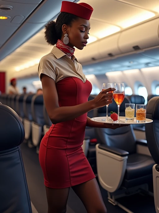 model as a flight attendant in premium economy section, wearing if(gender=f){a body-hugging flight attendant uniform with scarf, lace stockings and thigh-high skirt} if(gender=m){a dominant presence in a tailored flight attendant uniform with tie and broad chest}, serving refreshments from trolley