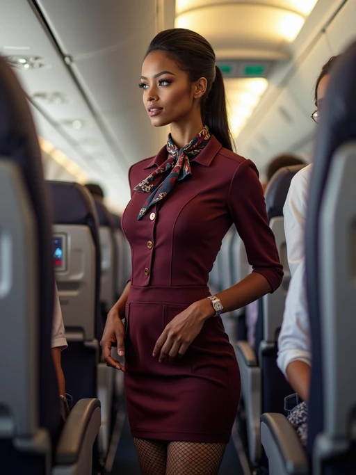 model as a flight attendant in economy cabin, wearing if(gender=f){a figure-flattering flight attendant uniform with neck scarf, fishnet stockings and short skirt} if(gender=m){a dominant presence in a neat flight attendant uniform with tie and muscular build}, demonstrating emergency exit procedures