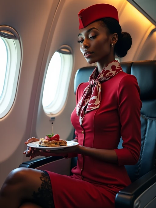 model as a flight attendant in business class, wearing if(gender=f){a provocative flight attendant uniform with silk scarf, lace stockings and thigh-high skirt} if(gender=m){a powerful presence in a premium flight attendant uniform with vest and broad chest}, serving gourmet meals on long-haul flight