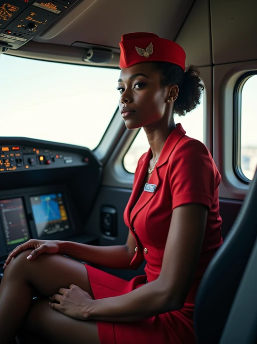 model as a flight attendant in cockpit, wearing if(gender=f){a sexy flight attendant uniform with wings pin, sheer pantyhose and mini skirt} if(gender=m){a commanding presence in a professional flight attendant uniform with wings badge and strong features}, sitting in pilot seat during pre-flight check