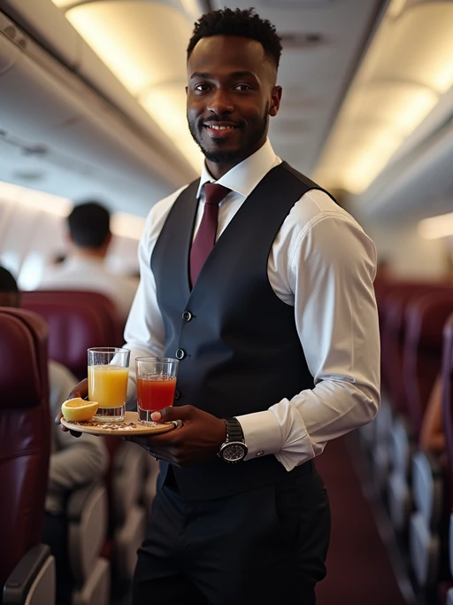 model as a flight attendant in premium economy section, wearing if(gender=f){a body-hugging flight attendant uniform with scarf, lace stockings and thigh-high skirt} if(gender=m){a dominant presence in a tailored flight attendant uniform with tie and broad chest}, serving refreshments from trolley