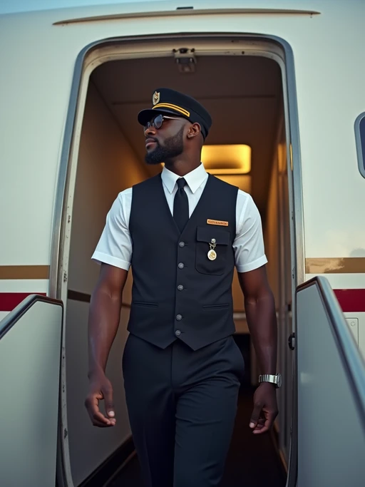 model as a flight attendant in aircraft doorway, wearing if(gender=f){a sexy flight attendant uniform with hat, sheer stockings and thigh-high skirt} if(gender=m){an authoritative presence in a professional flight attendant uniform with cap and broad shoulders}, greeting passengers during boarding